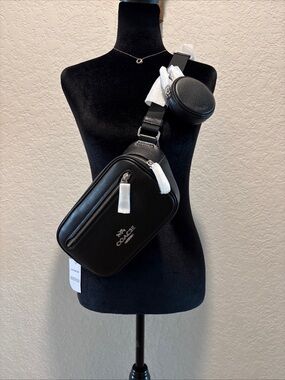 Coach Black Leather Elias Crossbody Belt Bag with Coin Pouch